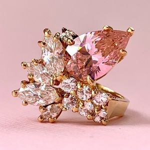 Pink/White CZ Cluster Gold Over 925 Silver Ring Signed PC Sz 6.25